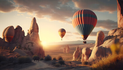 Landscape in Cappadocia with Amazing colorful hot air balloon fly in sunset sky. Concept country Turkey travel. Generation AI - obrazy, fototapety, plakaty