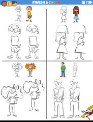 drawing and coloring worksheets set with children characters
