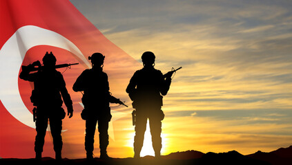 Fototapeta na wymiar Silhouettes of soldiers with Turkey flag on background of sunset. Background for Turkish Armed Forces Day, Victory Day. EPS10 vector