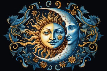 Metaphysical underpinnings for the practice of astrology, tarot, and other divinatory arts. Crescent moon and sun in the shape of a face on a blue background the universal symbol. illustration with