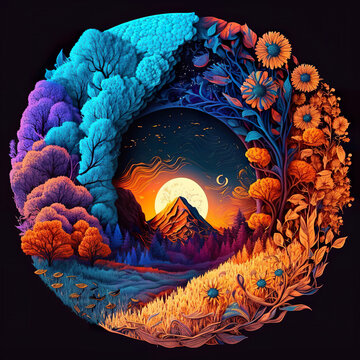Illustration of all seasons at once with psychedelic style. Drawn seasons set. 3D realistic illustration. Based on Generative AI
