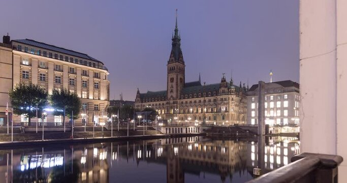 Hamburg skyline sunrise timelapse. Iconic city hall of Hamburg, Germany in 4k.