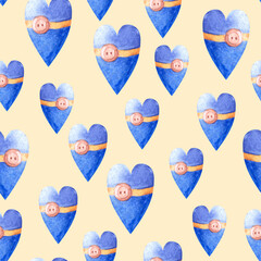 Watercolor hand drawn painted seamless pattern with blue heart shaped pillows with wooden button on pale yellow background. Illustration for print wraping paper, fabric, cards