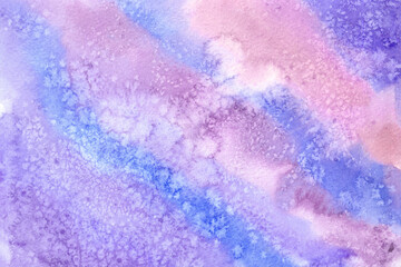 Hand drawn watercolor textured background in violet, purple, lilac and pink colors with spots, dots and splashes as design element. Abstract aquarelle backdrop