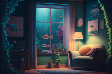 Lofi style room. Cozy with atmosphere. Aquarium, fish window view. Positive vibes. Relaxing, dreamy. Ambient light. Faboulous. Illustration. Art. Generative AI
