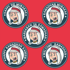 cheerful arabic muslim boy head. Ramadan Patches Vector Design. red background with stickers. Ramadan Kareem, Welcome Ramadan, Eid Mubarak Badges.