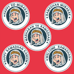 cheerful arabian muslim head. Ramadan Patches Vector Design. red background with stickers. Ramadan Kareem, Welcome Ramadan, Eid Mubarak Badges.