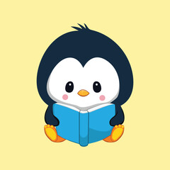 cute penguin reading book illustration 