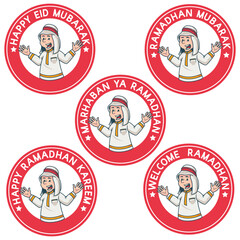 cheerful arabic muslim boy. Ramadan Patches Vector Design. white background with stickers. Ramadan Kareem, Welcome Ramadan, Eid Mubarak Badges.