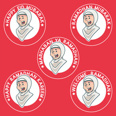 cheerful arabic muslim girl head. Ramadan Patches Vector Design. red background with stickers. Ramadan Kareem, Welcome Ramadan, Eid Mubarak Badges.
