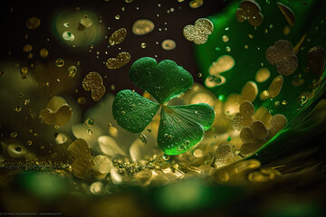 St. Patrick's Day abstract green background decorated with shamrock leaves. Patrick Day pub party celebrating. Abstract Border art design magic backdrop,generative ai.