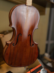 violin in process of construction, without strings. wooden violin freshly painted.
