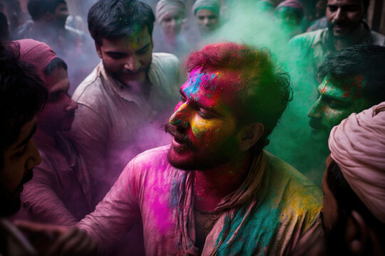 Crowd throwing bright coloured powder paint in the air, Holi Festival,generative ai.