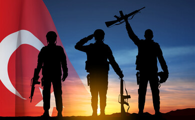 Silhouettes of soldiers with Turkey flag on background of sunset. Background for Turkish Armed Forces Day, Victory Day. EPS10 vector