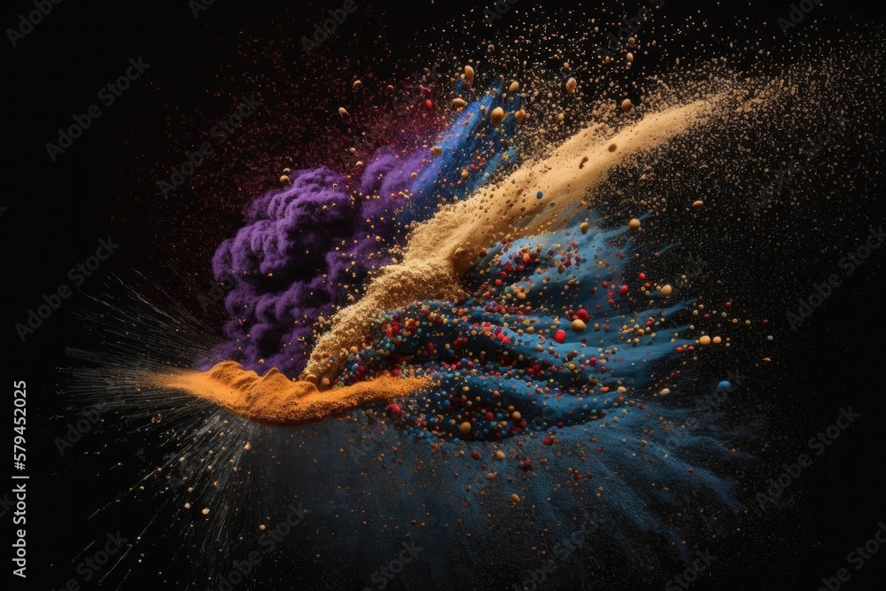 Poster spices exploding in slow motion, a psychedelic, abstract, and delicious background for your next mea