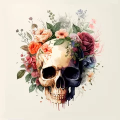 Foto op Plexiglas Aquarel doodshoofd Colorful mystical skulls with watercolor flowers,various plants. Generative AI technology.