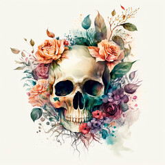 Colorful mystical skulls with watercolor flowers,various plants. Generative AI technology.