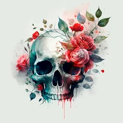 Deurstickers Aquarel doodshoofd Colorful mystical skulls with watercolor flowers,various plants. Generative AI technology.
