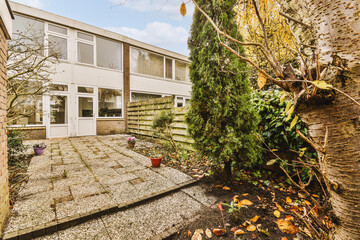 an outside area with some trees and plants in the fore, including a tree trunk that has fallen...