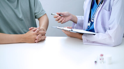 Doctor hold stethoscope for a check up diagnosis in hospital Health care and medical concept.