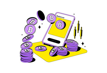 Bitcoin or cryptocurrency trading platform with big profit. Isolated. Trade crypto mobile.Coin transaction illustration in modern style