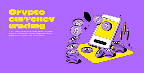 Bitcoin or cryptocurrency trading platform with big profit. Trade crypto mobile.Coin transaction illustration with yellow and purple color in modern style