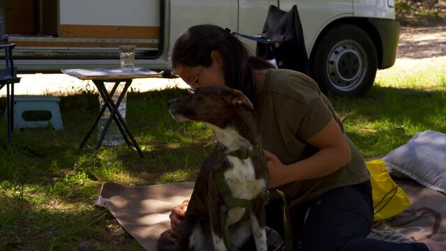Female cleaning her dog's hair near the van