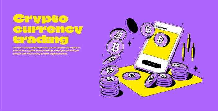 Bitcoin Or Cryptocurrency Trading Platform With Big Profit. Trade Crypto Mobile.Coin Transaction Illustration With Yellow And Purple Color In Modern Style