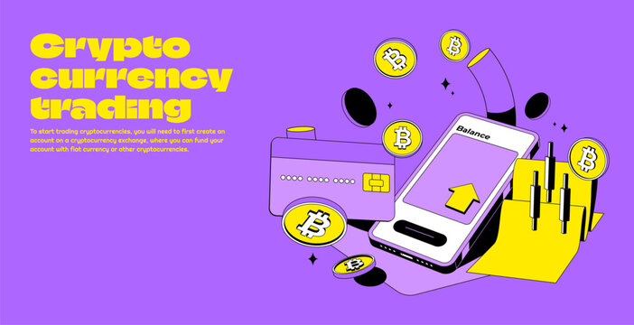 Bitcoin or cryptocurrency trading platform with big profit. Crypto and credit card.Coin transaction illustration with yellow and purple color in modern style