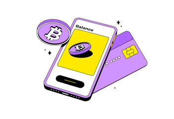 Crypto credit card with mobile. Isolated. cryptocurrency digital wallet online. Coin transfer. Modern style - obrazy, fototapety, plakaty