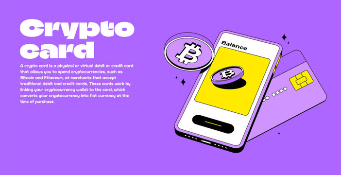 Crypto credit card with bitcoin and mobile. Cryptocurrency digital wallet online. Coin transfer. Modern style