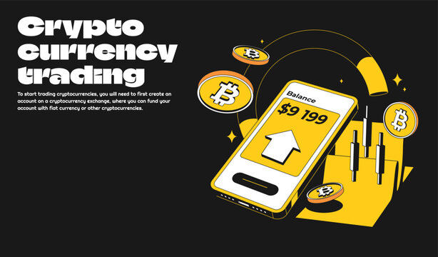 Bitcoin or cryptocurrency trading platform with big profit and candlestick. Crypto mobile.Coin transaction illustration with black and yellow color in modern style