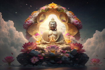 Buddha and Buddhism. Concept of meditation and spiritual practice for enlightenment, expanding of consciousness, chakras and astral body activation, mystical inspiration image