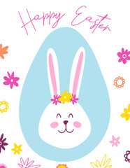 Happy Easter graphic greeting card. Hand drawn colorful plants and bunny in modern cartoon minimalist style