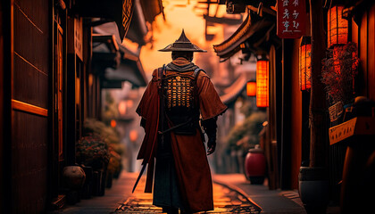 Samurai in a lonely alley - obrazy, fototapety, plakaty