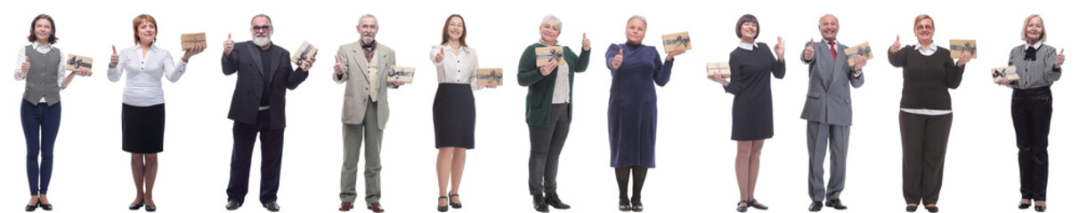 group of happy people with gifts in their hands isolated
