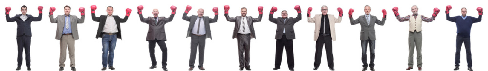 collage of businessmen in boxing gloves isolated