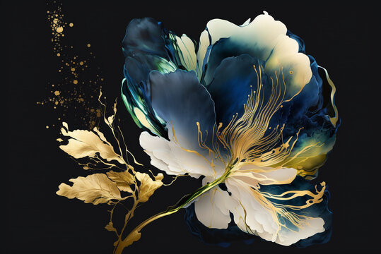a wallpaper botanical flowers with one big flower for whole artwork flowing alcohol ink style bioluminescence navy blue background, white, gold, generative ai.