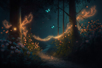 Mystical magical forest at night with glowing lights, generative ai