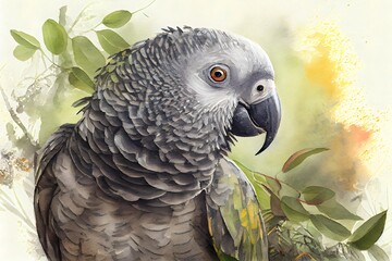 Obraz premium african grey parrot in the jungle watercolor generative ai
