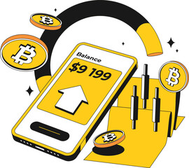 Bitcoin or cryptocurrency trading platform with big profit and candlestick. Isolated. Crypto mobile.Coin transaction illustration with black and yellow color in modern style. Isometric