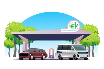 Poster Electromobile charging station. Electric car charging at charger station. Electromobility e-motion concept. green energy concept, vector illustration © pakoefoto