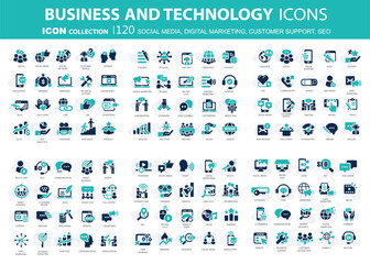 120 Business, data analytics, organization management icons. Social media, digital marketing, customer support and seo icon set. Vector icon collection