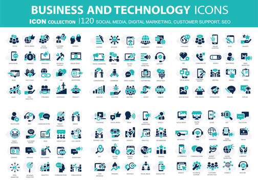 120 Business, data analytics, organization management icons. Social media, digital marketing, customer support and seo icon set. Vector icon collection