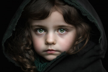 portrait of adorable cute a little girl in a black green hood eyes are green,more with Jewish roots. generative ai.