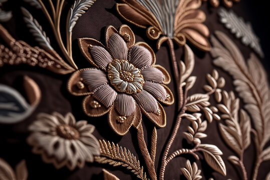 Embroidery floral abstract fantasy design luxury erath tone colors and gold wool fabric art background,genertive ai.