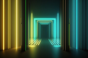 Neon Portal Tunnel viereck - Hintergrund schwarz - Generative AI
