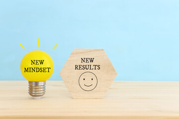 light bulb with the text new mindset in on wooden table