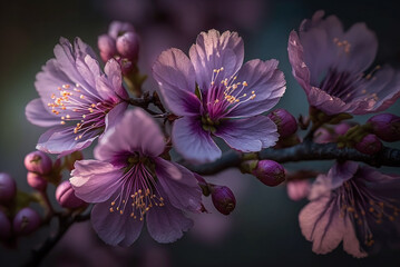 adorable fantasy beautiful branch, mild fairy mist, dee purple plum blossom, plum blossom.generative ai.