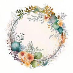 Watercolor Natural Frame with Cute Flowers for Wedding Card. Illustration AI Generative